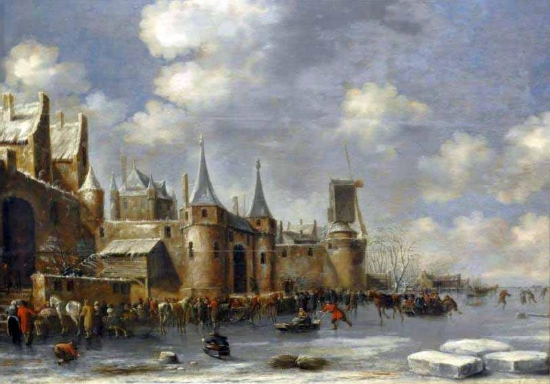 Thomas Hovenden Skaters outside city walls Sweden oil painting art